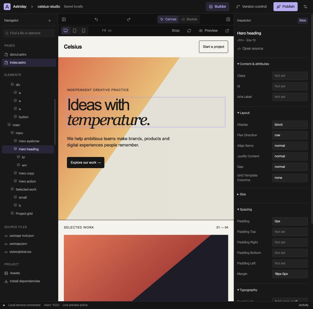 Astrolay editing the Celsius example: source navigator, live page canvas and typography inspector.