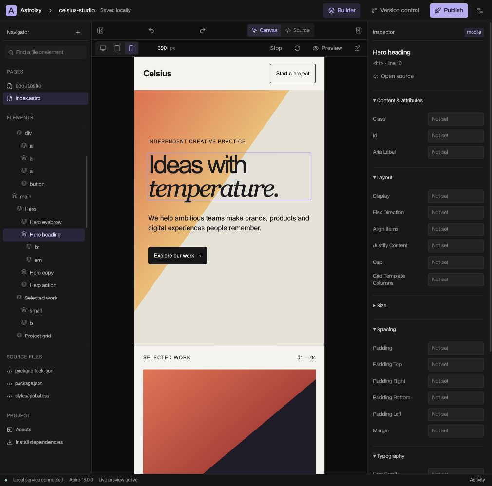 Astrolay’s mobile canvas and responsive style inspector.