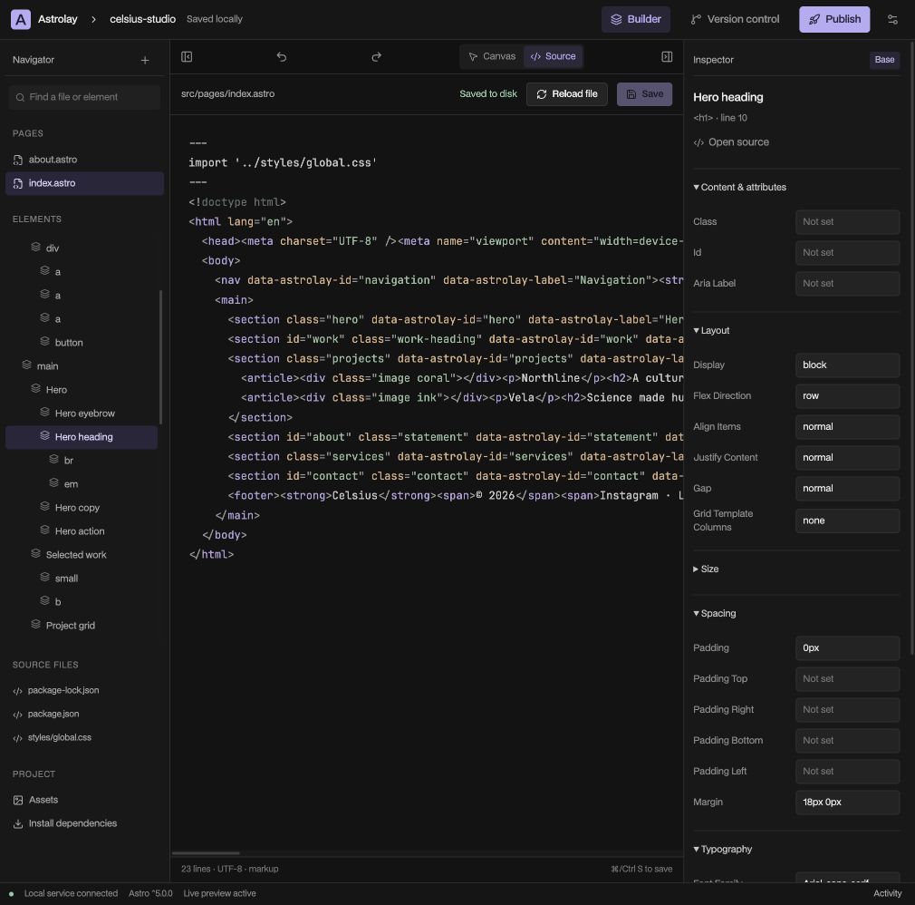 Astrolay’s Source view with the example page’s original Astro markup.